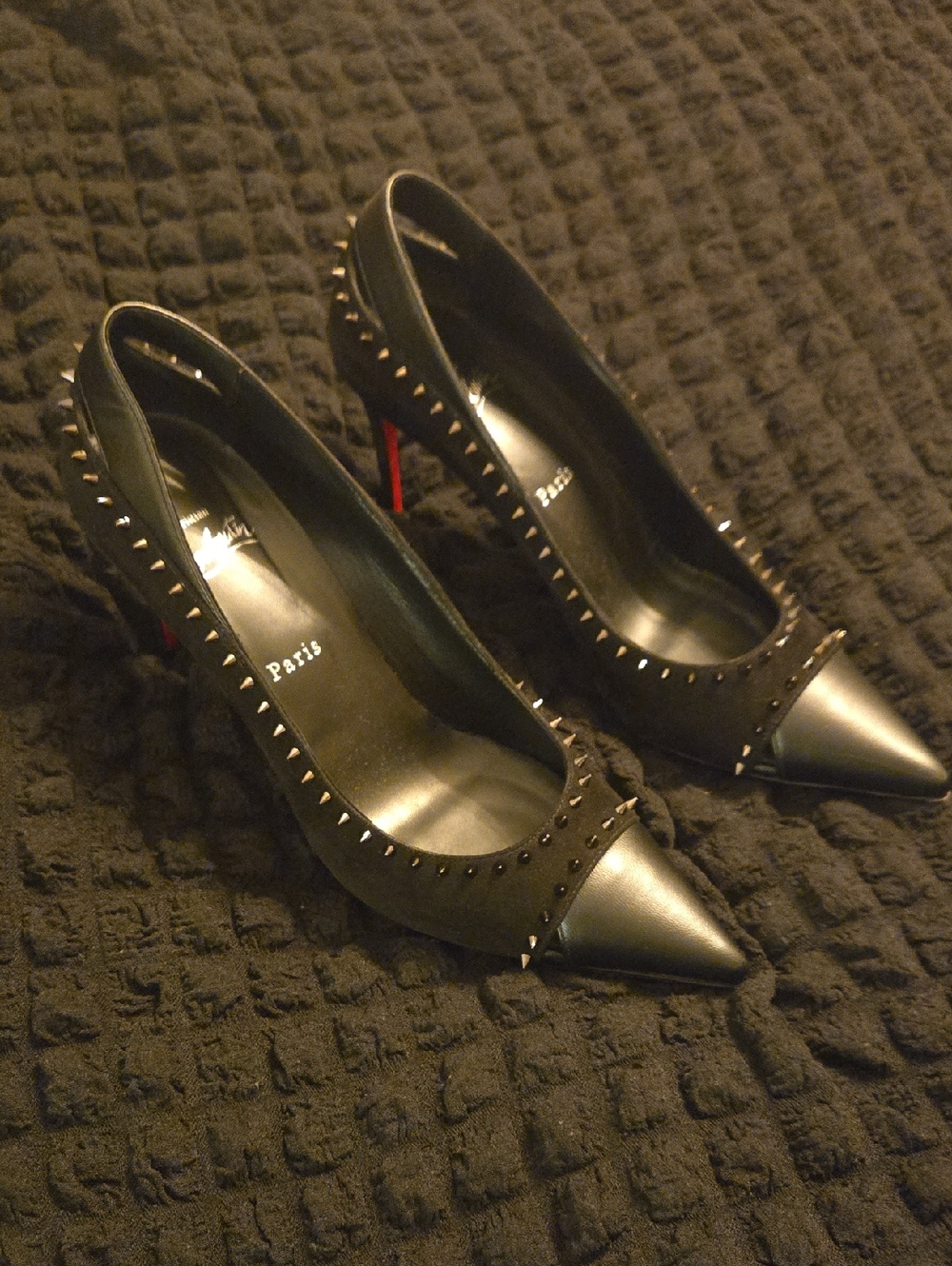 Christian Louboutin Black Studded Pointed Toe Pumps with Red Soles